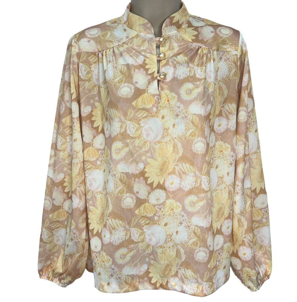 Vintage Nikki 1/4 Button Long Sleeve Blouse Yellow Neutral Floral 70s Disco M